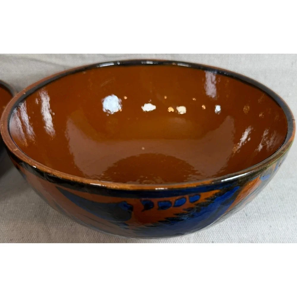 Vintage Handmade Mexican Tonala Pottery Nesting Bowls Set of 3 Terracotta Blue
